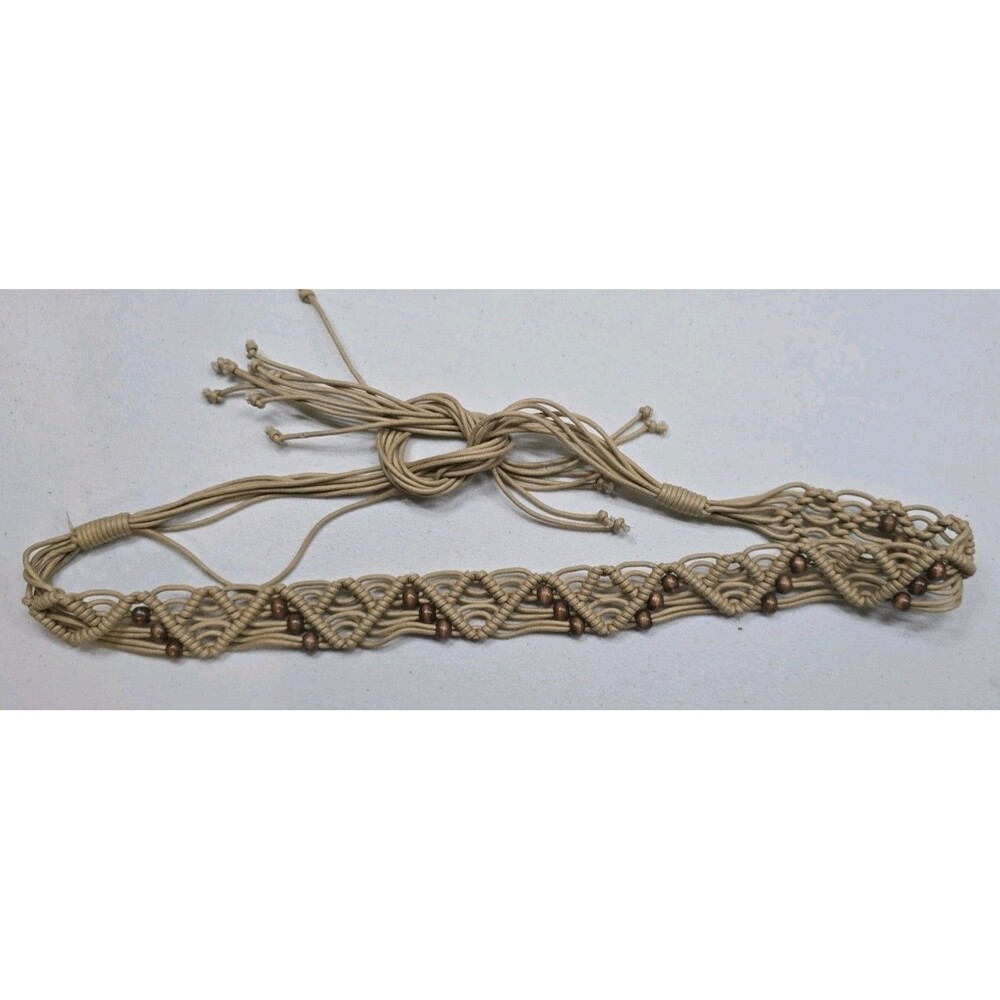 Vintage Macrame Tie Fringe Beaded Womens Belt S Beige Boho Hippie Peasant 53"